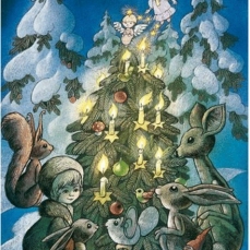 Cartolina: Coniglietti attorno all'albero di Natale