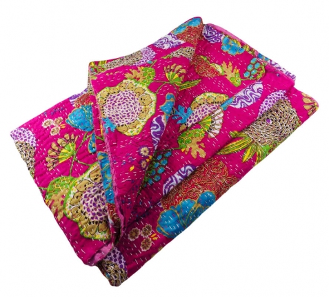 Trapunta etnica in cotone kantha (220x270cm) - rosa floreale