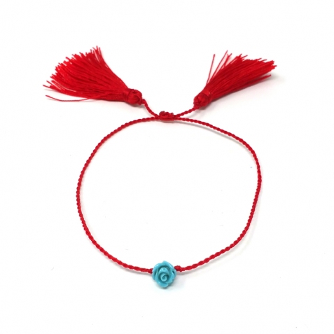 Braccialetto con filo rosso e rosellina azzurra - regolabile