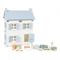 Casa delle bambole a due piani bianca e azzurra (con accessori)