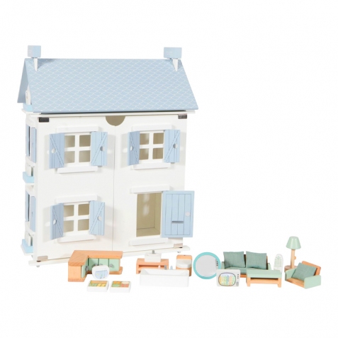 Casa delle bambole a due piani bianca e azzurra (con accessori)