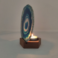 Porta minerale con candela e fetta di Agata - Blu grande (rotondo)