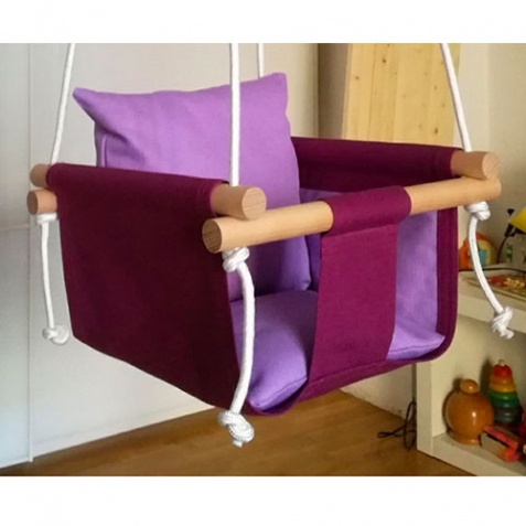 Altalena in legno e tessuto con protezioni e 2 cuscini interni viola