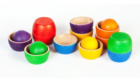 Ciotole e palline in legno colorate - 18 pezzi