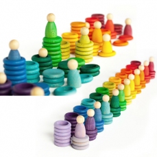 Omini, anelli e dischetti  in legno 12 colori in sfumatura - 96 pezzi