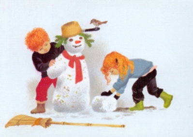 Cartolina: I bambini e il pupazzo di neve