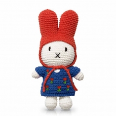 Coniglietta Miffy con vestitino blu a fiori e cappellino rosso