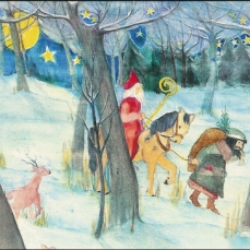 Cartolina: San Nicola nel bosco con il suo aiutante