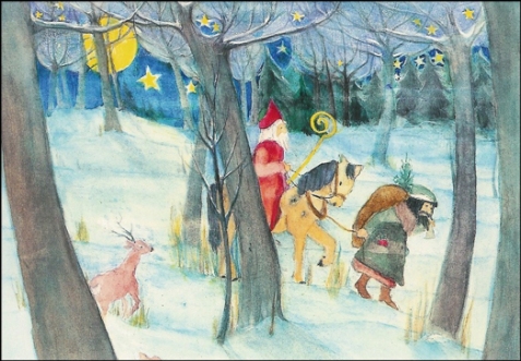 Cartolina: San Nicola nel bosco con il suo aiutante