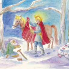 Cartolina: San Martino e il povero nel bosco