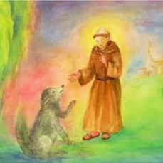 Cartolina: San Francesco e il lupo nel bosco