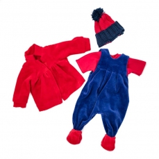 Tutina blu con maglietta e cappotto rosso, cappello e scarpe  - 5 pezzi