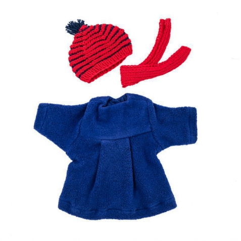 Cappotto blu con cappello rosso a righe e sciarpa