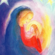 Cartolina: Madonna con bambino nel cielo stellato