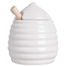 Vaso bianco per il miele con prendimiele in legno