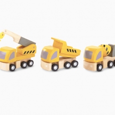 Tre piccoli veicoli in legno: Gru, Autocarro e Betoniera