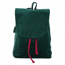 Zainetto verde in ciniglia con laccetti rosa e tasche