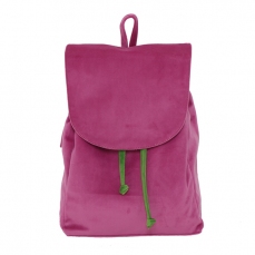 Zainetto rosa in ciniglia con laccetti verdi e tasche