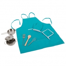 Grembiule azzurro per cucina con pentole e accessori